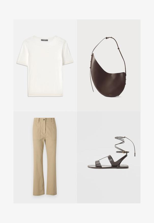 Top corto a maniche corte di colore bianco, in maglia, con scollatura rotonda. Presenta una texture liscia e accenti a coste sottili sulle maniche e sull'orlo.; WEEKEND MaxMara OTTOBRE - Chino - beige; Sandal in pelle marrone con suola piatta, caratterizzato da un design minimalista, cinturino curvo per la caviglia e numerosi ritagli per la traspirabilità.; Borsa a tracolla in pelle marrone con forma curva, tracolla singola e design minimalista. Presenta un logo discreto e dettagli in metallo dorato.