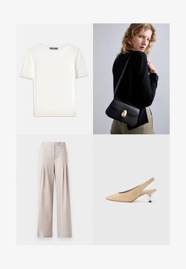 White short-sleeve knit top with a round neckline, featuring a smooth texture and subtle ribbed accents at sleeves and hem.; Beige wide-leg trousers featuring a smooth texture, pleated front design, and a tailored waistband. Suitable for formal or casual wear.; Beige suede slingback shoe with a pointed toe and a transparent, rounded heel. Smooth texture and minimalist design.; Black leather handbag with a curved shape, featuring a prominent gold oval clasp, adjustable strap, and minimalistic design.