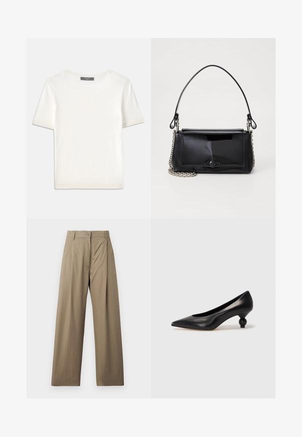 White short-sleeve knit top with a round neckline, featuring a smooth texture and subtle ribbed accents at sleeves and hem.; Khaki wide-leg trousers made of cotton blend fabric, featuring a button closure, side pockets, and a smooth texture with subtle sheen.; Black leather high heel shoe with a pointed toe and a round, balled heel. Smooth texture with a sleek, minimal design.; Black patent leather handbag with a rectangular shape, chain strap, and a distinctive hardware accent in the center. Smooth texture.