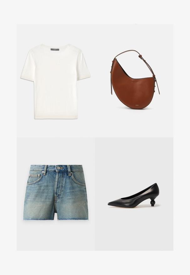Top tricotat alb cu mânecă scurtă, cu decolteu rotund, având o textură netedă și accente subtile cu nervuri la mâneci și la margine.; Șorturi din denim de culoare albastră deschisă, cu un design cu talie înaltă, margine zdrentuită și stil tradițional cu cinci buzunare, dotate cu accesorii metalice.; Pantofii cu toc înalt din piele neagră, cu vârf ascuțit și toc rotund, mimos. Textură netedă, cu un design elegant și minimalist.; Geantă de umăr din piele maro, cu o formă de semilună, curea subțire maro și accente subtile din aur. Prezintă o textură netedă și cusături minime.