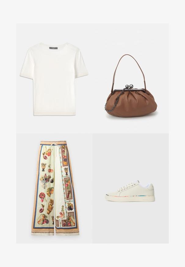 White short-sleeve knit top with a round neckline, featuring a smooth texture and subtle ribbed accents at sleeves and hem.; Wide-leg trousers made of lightweight fabric featuring a pastel green base with colorful fruit and vase illustrations. Elastic waist with drawstring.; Off-white low-top sneaker with lace-up design, white interior lining, and subtle multicolor trim along the sole edge, side view.; Brown leather handbag with a gathered design, a short leather handle, and a chain strap. Features a silver metal clasp with two round accents.