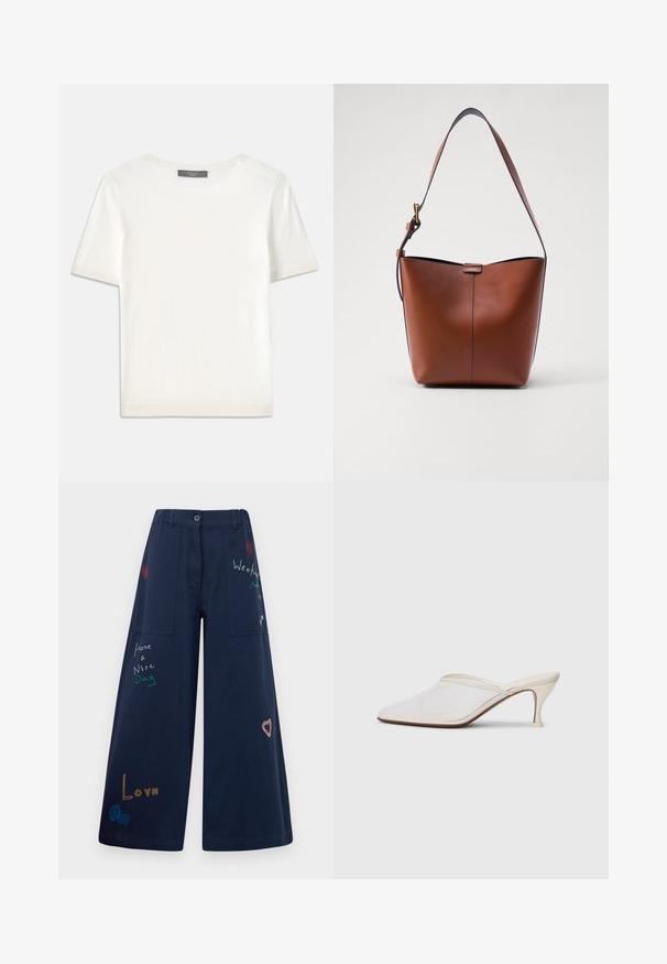 Top tricotat alb cu mânecă scurtă, cu decolteu rotund, având o textură netedă și accente subtile cu nervuri la mâneci și la margine.; Pantaloni largi de culoare bleumarin din bumbac, cu multiple buzunare. Prezintă broderii colorate cu text și grafica, inclusiv inimi și expresii jucăușe.; Mule alb cu plasă, cu vârf ascuțit, toc subțire de înălțime medie și design slip-on, pe un fundal simplu.; Geantă de umăr din piele maro, cu o formă curbată, textură netedă și o curea subțire. Prezintă o cusătură subtilă și un detaliu mic cu logo.
