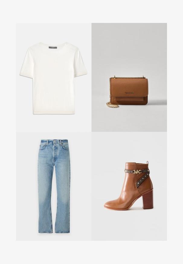 Hvit kortermet strikket topp med rund hals, med en glatt tekstur og subtile ribbede detaljer på ermer og kant.; Lyseblå jeans laget av denim med rett ben-design, høy midje, beltedelser og klassisk fem-lomme stil. Subtil fading på stoffet.; Brune lær ankle boot med stablet blokhæl, sidestraps med guldnitter og en guld "MK" logo spænde.; Brun teksturert lær crossover-veske med gullkjede-stropp og klaffelukking. Fronten har logo-detalj og en lomme under klaffen.