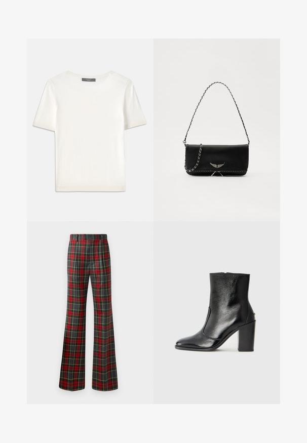 Bijela kratkotrajna pletena majica s kratkim rukavima i okruglim izrezom, koja se odlikuje glatkom teksturom i suptilnim rebrastim detaljima na rukavima i rubu.; Široke hlače u kariranom uzorku s nijansama crvene, zelene i žute boje. Izrađene su od tkanine glatke teksture s krojem koji se savršeno prilagođava.; Crna kožna čizma do gležnjeva s glatkom teksturom, špicastim vrhom i debelim visokim potpeticama. Ima bočni otvor i minimalistički dizajn.; Crna kožna torba s srebrnim lanac strapom, s dekorativnim krilnim naglascima i bijelim šavovima duž donjeg šava.