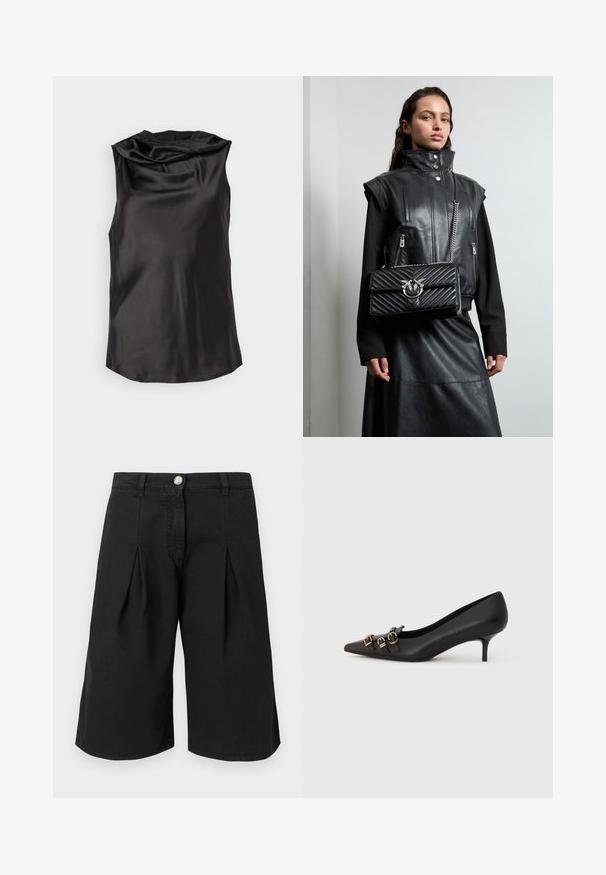 Haut sans manches noir en satin lisse, doté d'un col drapé et d'une coupe décontractée, avec un ourlet légèrement arrondi.; Shorts noirs jusqu'au genou en tissu mélangé de coton. Présente des plis, une fermeture à bouton à l'avant et une conception de taille classique.; Chaussure à talon kitten noir à bout pointu avec trois petites boucles décoratives argentées et dorées sur le côté.; Gilet en cuir noir avec col haut, poches zippées, et un sac à main noir matelassé avec un accent en métal argenté, porté avec une longue jupe noire.