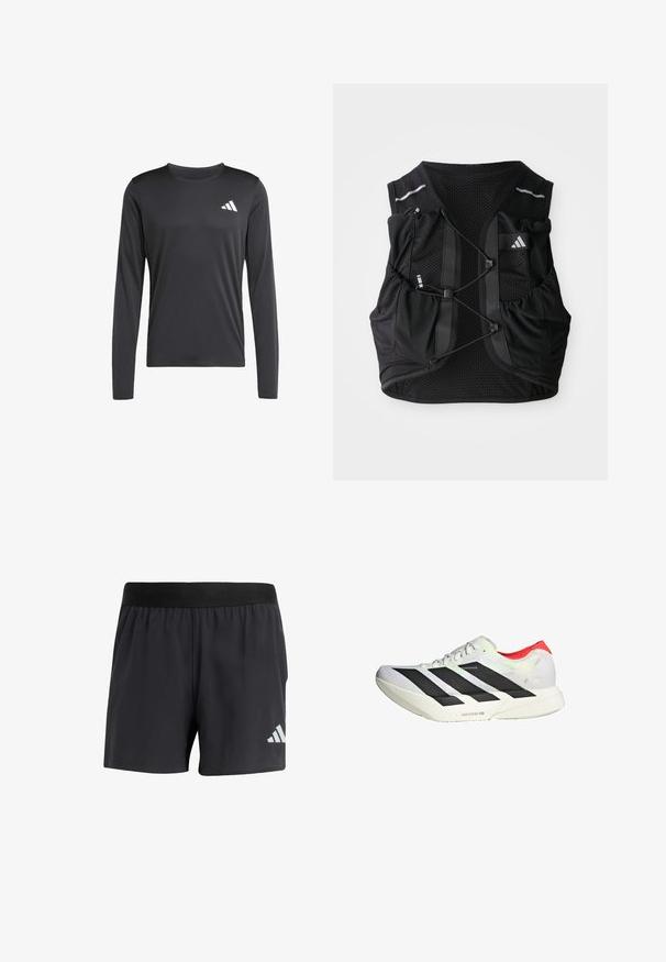 Black long-sleeve athletic shirt made of smooth, lightweight fabric featuring a small white logo on the upper left. Simple and fitted design.; Black athletic shorts with an elastic waistband, featuring a smooth texture and a reflective white logo on the lower left side.; White athletic shoe with black diagonal stripes, red accents at the heel, and a textured upper; features LIGHTSTRIKE PRO cushioning.; Black breathable mesh running vest with adjustable front cords, multiple pockets, and a small logo on the upper right chest.