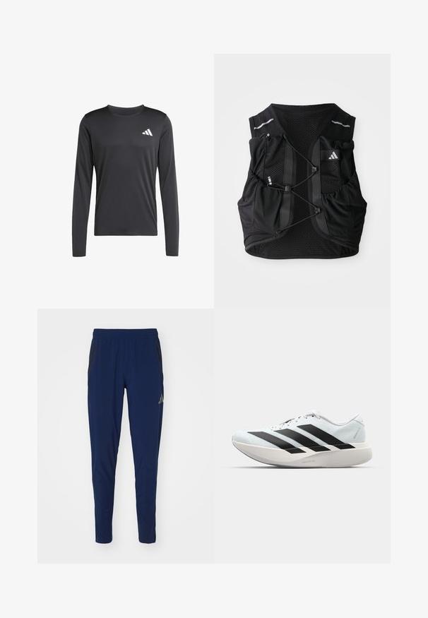 Black long-sleeve athletic shirt made of smooth, lightweight fabric featuring a small white logo on the upper left. Simple and fitted design.; Navy athletic pants with elastic waistband, tapered fit, and side zipper pockets. Features subtle black accents and smooth texture.; Lightweight running shoes in pale blue with black stripes. Features a smooth upper, round toe, and thick white midsole labeled "LIGHTSTRIKE PRO."; Black breathable mesh running vest with adjustable front cords, multiple pockets, and a small logo on the upper right chest.