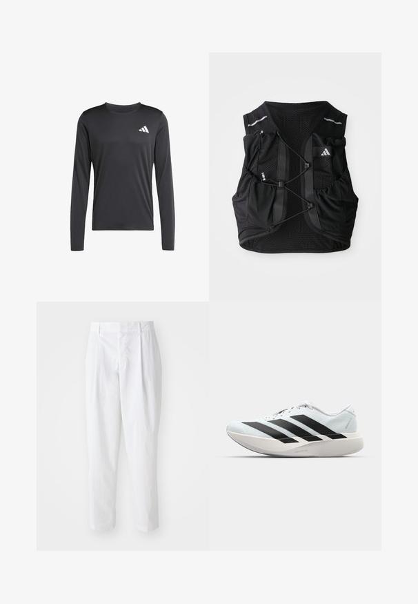 Black long-sleeve athletic shirt made of smooth, lightweight fabric featuring a small white logo on the upper left. Simple and fitted design.; White pleated trousers with a high waist and cropped length, featuring a smooth texture and clean lines. No visible hardware or patterns.; Lightweight running shoes in pale blue with black stripes. Features a smooth upper, round toe, and thick white midsole labeled "LIGHTSTRIKE PRO."; Black breathable mesh running vest with adjustable front cords, multiple pockets, and a small logo on the upper right chest.