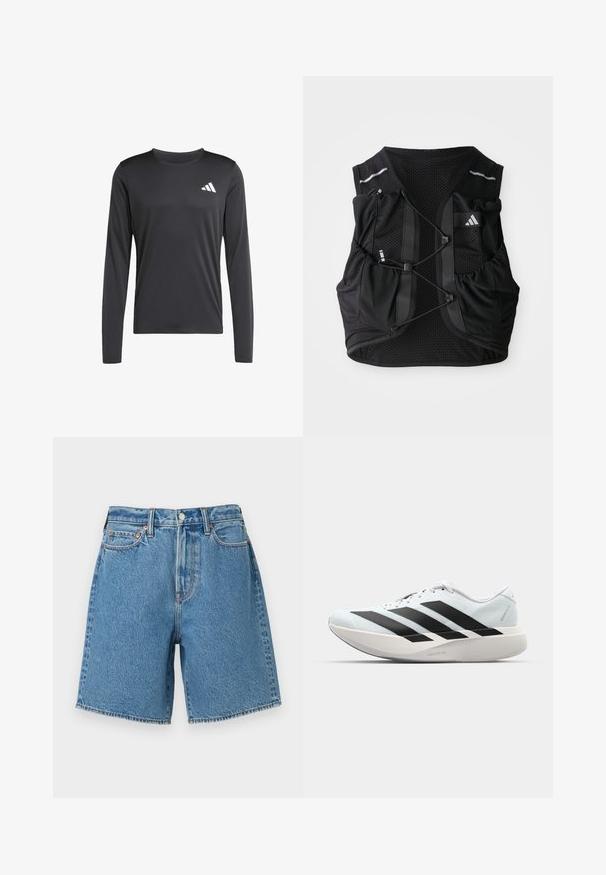 Czarna, długosleeve'owa koszulka sportowa z gładkiego, lekkiego materiału, z małym białym logo na górnej lewej stronie. Prosty i dopasowany krój.; Jasnoniebieskie szorty dżinsowe o wysokim stanie, z pięcioma kieszeniami, przeszytymi brzegami i metalowym zapięciem. Teksturowane z klasycznym wykończeniem.; Lekkie buty do biegania w jasnoniebieskim kolorze z czarnymi pasami. Posiadają gładką cholewkę, okrągły nosek oraz grubą białą podeszwę środkową oznaczoną "LIGHTSTRIKE PRO."; Czarna, oddychająca kamizelka biegowa z regulowanymi sznurkami z przodu, wieloma kieszeniami oraz małym logo na górnej prawej części klatki piersiowej.