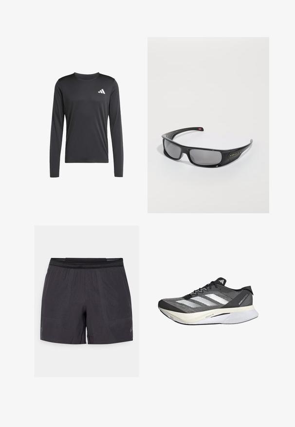 Musta pitkähihainen urheilu paitta, joka on valmistettu sileästä ja kevyestä kankaasta. Vasemmassa yläkulmassa on pieni valkoinen logo. Yksinkertainen ja hyvin istuva malli.; Mustat urheiluhousut, joissa on kevyt ja hengittävä kangas, kuvioitu pinta, joustava vyötärö ja heijastava logoyksityiskohta.; Juoksukengät mustavalkoisena, verkkopäällisellä, joissa on kolme valkoista raitaa, huomattava pohja, jossa on merkintä "LIGHTSTRIKE PRO", ja virtaviivainen muotoilu.; Mustat Oakley-kierrekylmä aurinkolasit tummilla suorakulmaisilla linsseillä ja kaarevilla varsilla tasaisella valkoisella taustalla.