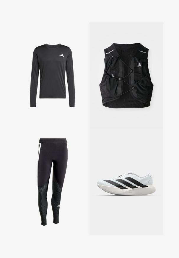 Camisa deportiva de manga larga negra, hecha de una tela suave y ligera, que presenta un pequeño logotipo blanco en la parte superior izquierda. Diseño simple y ajustado.; Leggings deportivas negras con tejido texturizado en la parte inferior que presenta pequeños puntos blancos. Incluyen un bolsillo lateral y un diseño de paneles en contraste.; Zapatillas de running ligeras en azul pálido con rayas negras. Presentan una parte superior suave, puntera redonda y una gruesa mediasuela blanca etiquetada como "LIGHTSTRIKE PRO".; Chaleco de running negro de malla transpirable con cuerdas frontales ajustables, múltiples bolsillos y un pequeño logo en la parte superior derecha del pecho.