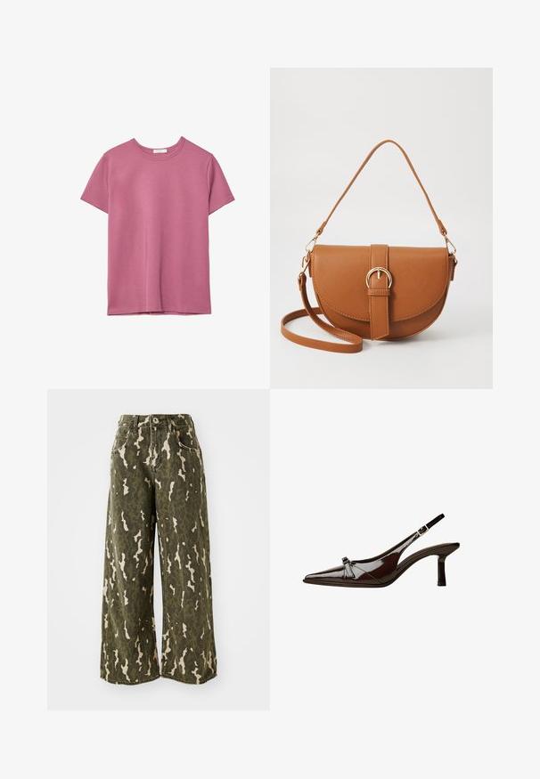 Kortärmad t-shirt med rund hals i en enhetlig dammig rosa färg, lagd platt på en vit bakgrund, med en ribbad krage och sydd fåll.; Kamouflage-mönstrade vida jeans i grön och beige, med knapp- och dragkedjestängning samt femficksdesign, tillverkade av denimtyg.; Brun lackläder slingback-sko med spetsig tå, låg klack och en dekorerande rosett på framsidan. Slät, glansig yta.; Brun läder crossbody-väska med en böjd form, gyllene detaljer och en spänneaccent. Har en avtagbar axelrem.