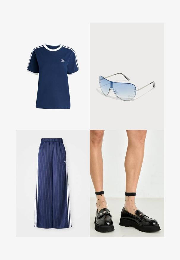 Marineblauwe T-shirt met een ronde hals, witte bies en korte mouwen. Heeft witte zijstrepen en een klein logo op de borst.; Navyblauwe wijde broek met verticale witte strepen, elastische tailleband en drie witte strepen aan elke kant, gemaakt van een lichtgewicht materiaal.; Zwarte gepatineerde leren loafers met een chunky zool, voorzien van decoratieve zilveren hardware. Gecombineerd met doorschijnende kousen met stippen tot de enkel.; Aviator zonnebril met een gradient blauwe lens, zilveren metalen frame en decoratieve sterrenaccenten op de lens. Glad en strak ontwerp.