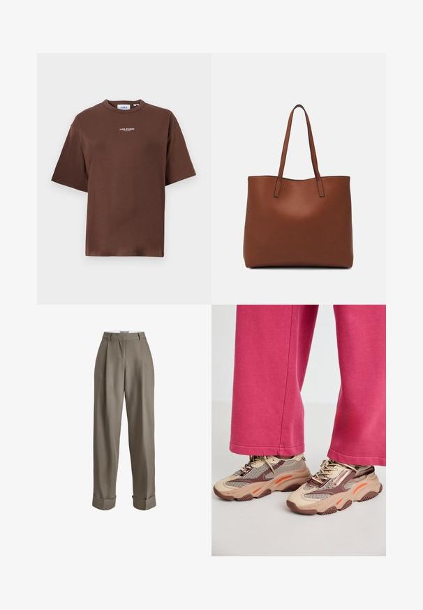 Brown cotton t-shirt with a relaxed fit, crew neckline, and short sleeves. Features small "JJXX STUDIO" text on the front.; Taupe high-waisted trousers, wide-leg fit, featuring pleats, cuffed hems, and a smooth fabric texture. No visible fastenings.; Chunky beige sneakers with mesh and brown accents, featuring orange highlights and a textured sole. Worn with pink pants, showcasing a casual look.; Brown leather tote bag with a smooth texture, open top design, and two shoulder straps. Features minimal stitching and no visible hardware.