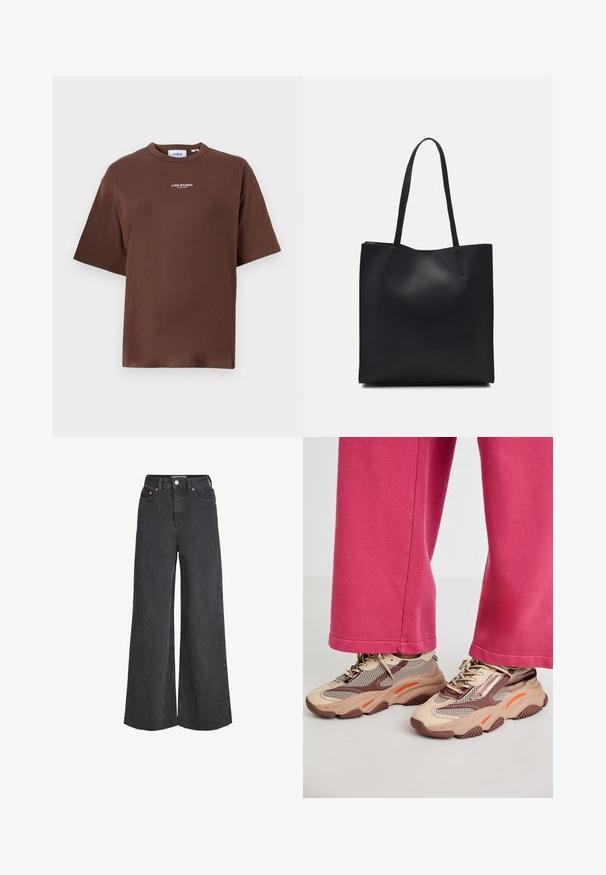 T-shirt en coton marron avec une coupe décontractée, col rond et manches courtes. Présente un petit texte "JJXX STUDIO" à l'avant.; Jean noir à taille haute, large et évasé, avec un bouton et une fermeture éclair à l'avant, cinq poches et des finitions à cru.; Baskets beiges chunky avec des mailles et des accents bruns, arborant des touches orange et une semelle texturée. Portées avec un pantalon rose, offrant un look décontracté.; Sac fourre-tout en cuir noir avec une texture lisse, de forme rectangulaire et deux longues poignées. Pas de matériel ou d'ornementations visibles.