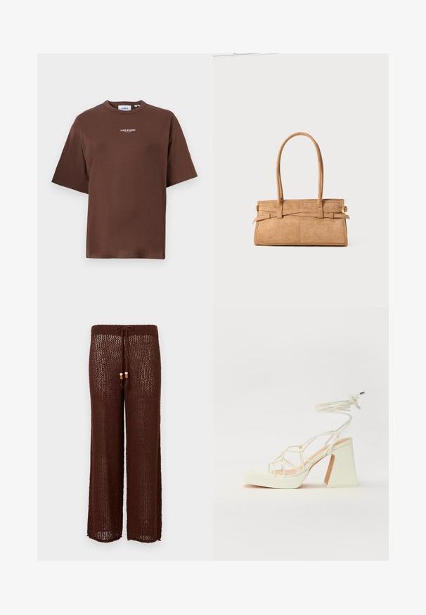Camiseta de algodão castanha com um corte descontraído, gola redonda e mangas curtas. Apresenta o pequeno texto "JJXX STUDIO" na parte da frente.; Calças largas de malha castanha com cintura elástica e sinos de madeira. O tecido é semi-transparente com um padrão texturizado.; Sandálias brancas de salto alto com um salto robusto, apresentando um design com tiras e amarração no tornozelo. Textura suave com uma plataforma na frente para altura adicional.; Bolsa de camurça bege com duas alças longas, de formato retangular e costura decorativa. Apresenta uma correia lateral e discretos acabamentos em ouro.