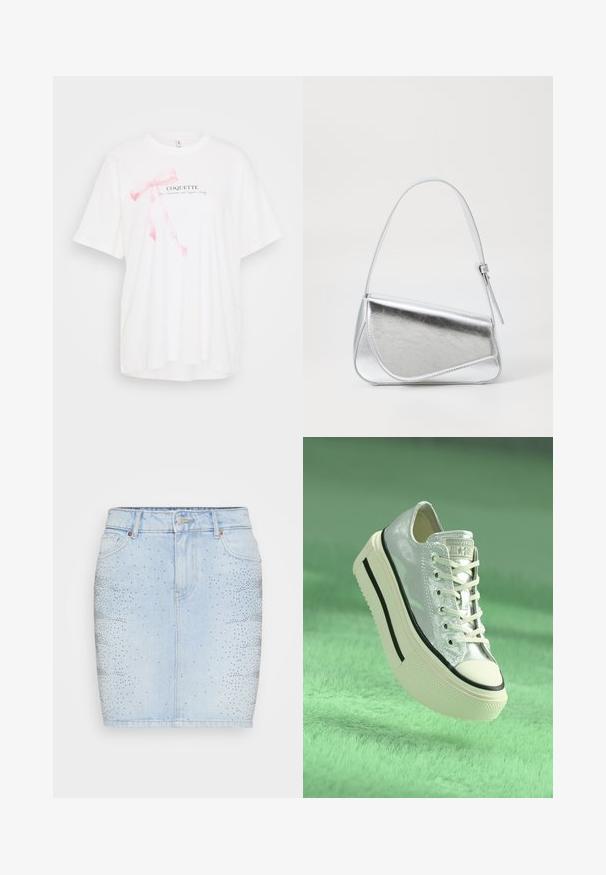 Fehér, rövid ujjú póló, rózsaszín szalag grafikával és fekete "COQUETTE" felirattal. Puha anyag, laza fazonnal.; Világoskék farmer szoknya, amely karcsú fazonnal, közepes derékkal rendelkezik, és az egyik oldalán ezüst szegecsekből álló átmenetes mintával díszített.; Fémes ezüst színű sneakers, platform talppal, fehér fűzőkkel és fekete részletekkel. Lekerekített orral és textúrázott gumitalppal rendelkezik.; Ezüst fémes kézitáska háromszög alakú, sima felületű és vékony, állítható vállpánttal. Jellemzője a hajtott fedél, díszítéssel.