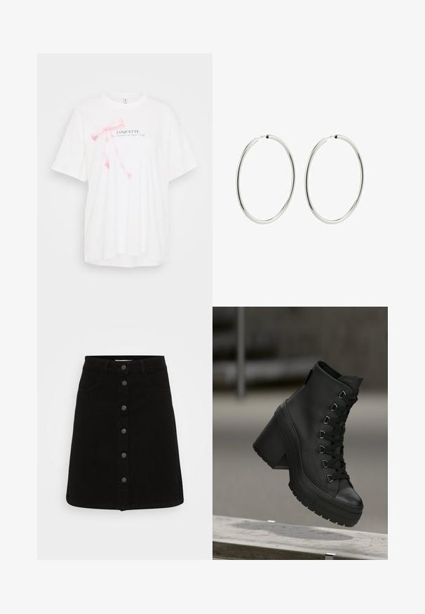 Bela majica s kratkimi rokavi z roza pentljo in besedilom "COQUETTE" v črni barvi. Mehka tkanina z udobnim krojem.; Črna jeans krilo z gumbom spredaj, dvema sprednjima žepoma in ravno silhueto. Gladka tekstura z urejenim robom.; Črne visoke platform škornje s teksturiranim usnjem, sprednjim vezanjem in debelim peto. Imajo gumijast podplat z izrazitimi vzorci.; Srebrni obroči za ušesa z gladko, polirano površino. Krožna oblika, enakomerna širina, zasnovani za enostavno zapiranje. Preprosto in elegantno.