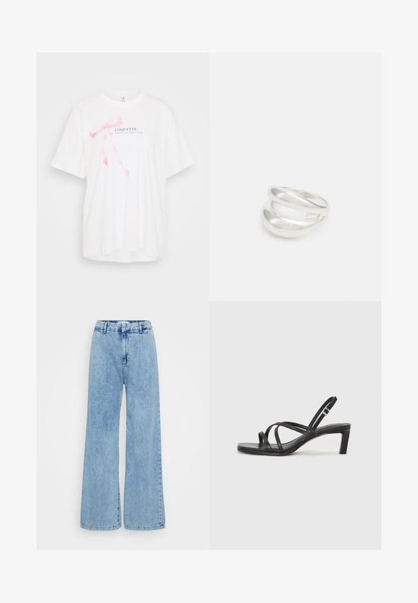 Balta t-krekls ar īsām piedurknēm, kurā attēlots rozā lentas grafisks attēlojums un teksts "COQUETTE" melnā krāsā. Mīksta auduma un brīva piegriezuma.; Gaiši zili platās kājas džinsi, izgatavoti no denima, ar augstu jostasvietu, priekšējo pogu aizdari un smalku balināšanu audumā.; Melnas strappy sandales ar kvadrātveida purngaliem un zemu bloku papēdi. Ievērojamas ar vairākiem plāniem siksniņām un regulējamu potītes siksniņu. Izgatavotas no gludas ādas.; Sudraba divu joslu gredzens ar gludu, pulētu virsmu. Iezīmējas ar plūstošu, izliekta dizaina struktūru ar pārklājošām sekcijām modernam izskatam.