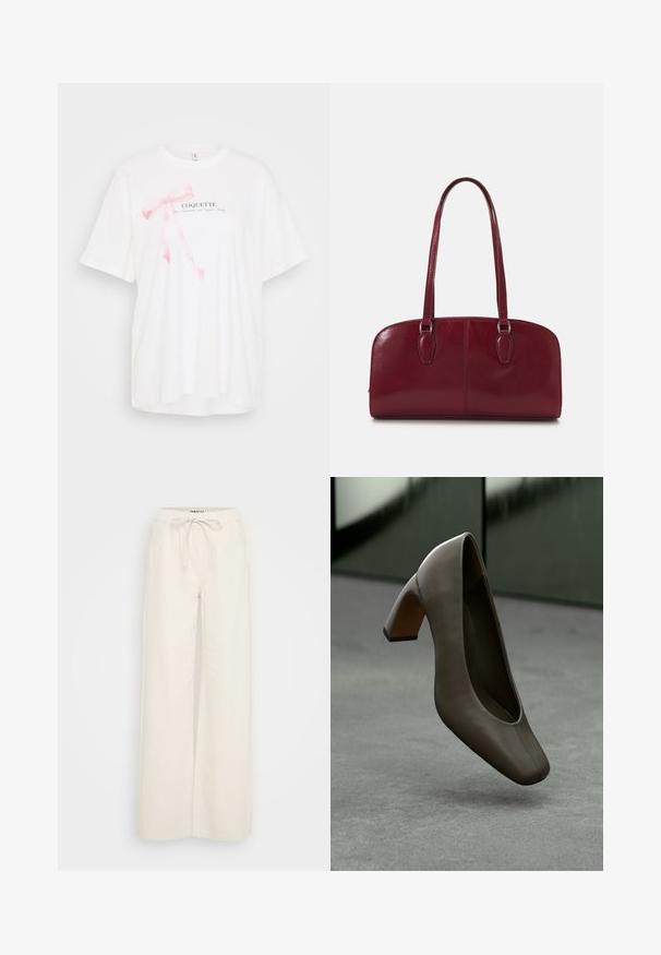Hvit t-skjorte med korte ermer som har et rosa båndgrafikk og teksten "COQUETTE" i svart. Myk stoff med en avslappet passform.; Videbukser i off-white bomullsstoff, med elastisk midje og snor samt sidelommer. Glatt tekstur, minimalistisk design.; Mørk olivengrønn lærhøyhellet sko med firkantet tå og blåk heel, svevende over et grått betonggulv med en uskarp grønn bakgrunn.; Zign LEATHER - Håndveske - dark red; Sølv dråpeøreringer med firkantet studs, med en glatt, polert overflate og en tåreformet design som reflekterer lys med en blank overflate.