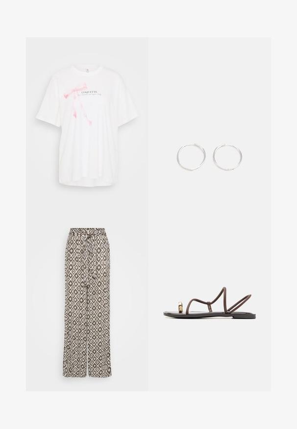 Balta trumpomis rankovėmis marškinėliai su rožine juostele ir tekstu "COQUETTE" juoda spalva. Minkšta medžiaga, laisvas siluetas.; Plati kelnių kelnės, pagamintos iš lengvos medžiagos, turinčios rudos spalvos pagrindą su baltomis deimanto formos ornamentais ir raišteliu juosmeniui, leidžiančiu reguliuoti dydį.; Rudos plokšti šlepetės su keliais siaurais dirželiais, pirštų kilpa ir auksinės spalvos akcentu. Padas plokščias ir turi lygų paviršių.; Sidabrinės auskarai žiedai su sėslia, apvalia forma, pasižymintys lygia paviršiumi ir be matomų puošmenų. Svoris nenurodytas.