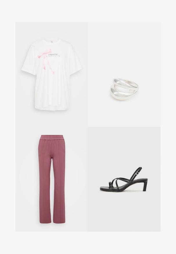 White short-sleeve t-shirt featuring a pink ribbon graphic and the text "COQUETTE" in black. Soft fabric with a relaxed fit.; Light mauve straight-leg pants with an elastic waistband. Made from soft material, featuring vertical seams for a tailored look.; Black strappy sandal with a square toe and a low block heel. Features multiple thin straps and an adjustable ankle strap. Made of smooth leather.; Silver double-band ring with a smooth, polished surface. Features a fluid, curved design with overlapping sections for a modern look.