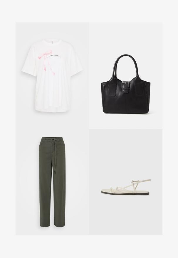 Fehér, rövid ujjú póló, rózsaszín szalag grafikával és fekete "COQUETTE" felirattal. Puha anyag, laza fazonnal.; Zöld, bő szárú nadrág, könnyű anyagból, övvel a derékrészen, elülső zsebekkel és sima tapintással.; Beige lapos szandál, amelyet több vékony pánt díszít, és állítható csattal rendelkezik. A talpa lapos, az élein enyhe sötét kontraszttal.; Fekete bőr bevásárlótáska sima textúrával, strukturált formával, két fogantyúval és egy figyelemfelkeltő ezüst csattal az elején.