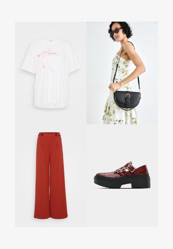 Bijela majica kratkih rukava s grafikom roza vrpce i natpisom "COQUETTE" u crnoj boji. Mekani materijal s opuštenim krojem.; Hlače širokih nogavica od tamno crvenkasto-narančastog materijala. Imaju dva prednja nabora i dva gumba na pojasu. Glatka tekstura, ležeran dizajn.; Crvene lakirane platforme s crnim gumenim potplatima, s dva podesiva srebrna remena na prednjem dijelu.; Crna kožna torba s lukovitim oblikom, odvojivim remenom i zlatnim detaljima. Torba ima preklop s kopčom.