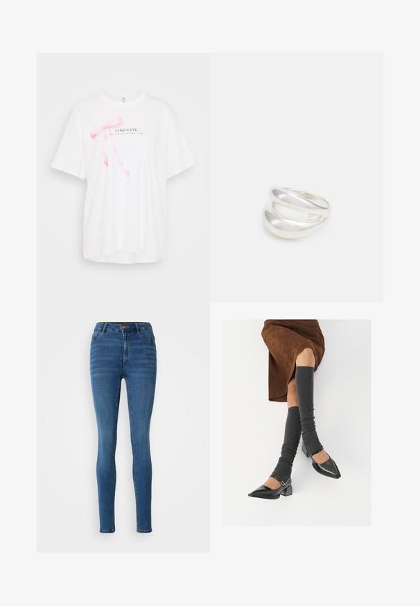 Valkoinen lyhythihainen t-paita, jossa on vaaleanpunainen nauhakuvio ja teksti "COQUETTE" mustalla. Pehmeä kangas ja rento istuvuus.; Kapeita farkut keskisinisessä denimissä, joissa on korkea vyötärö, etutaskut ja hienovarainen kuluminen. Kontrastiväriset kultaiset ompeleet.; Musta lakattu nahkakengät teräväkärkisillä, leveällä kantapäällä ja nilkkahihnalla, yhdistettynä harmaisiin ribattuihin säärystimiin ja ruskeaan mokkasiinimekkoon.; Hopeinen kaksinkertainen rengas, jossa on sileä, kiillotettu pinta. Siinä on sulava, kaareva muotoilu, jossa on päällekkäisiä osia modernin ilmeen saavuttamiseksi.