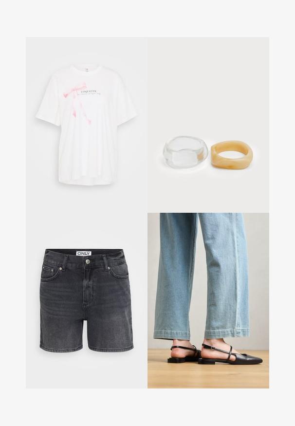 Bela majica s kratkimi rokavi z roza pentljo in besedilom "COQUETTE" v črni barvi. Mehka tkanina z udobnim krojem.; Črne džins kratke hlače s klasičnim dizajnom, z oblikovanjem petih žepov, sprednjim gumbom za zapiranje in diskretnim podrobnostmi v stilu pranja.; Črne usnjene škornje s usnjenim trakom, koničastim nosom, nizkim petam in trakovi okoli gležnja; nosi se z svetlo modrimi širokimi hlačami.; Jasni in jantarni smolnati prstani, en je gladek in prozoren, drugi pa s teksturiranim jantarjem. Obe imata zaobljene, debele oblike.