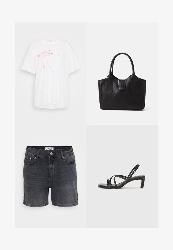 White short-sleeve t-shirt featuring a pink ribbon graphic and the text "COQUETTE" in black. Soft fabric with a relaxed fit.; Black denim shorts with a classic design, featuring five-pocket styling, a front button closure, and subtle whiskering detail.; Black strappy sandal with a square toe and a low block heel. Features multiple thin straps and an adjustable ankle strap. Made of smooth leather.; Black leather tote bag with smooth texture, structured shape, two handles, and a prominent silver buckle detail on the front.