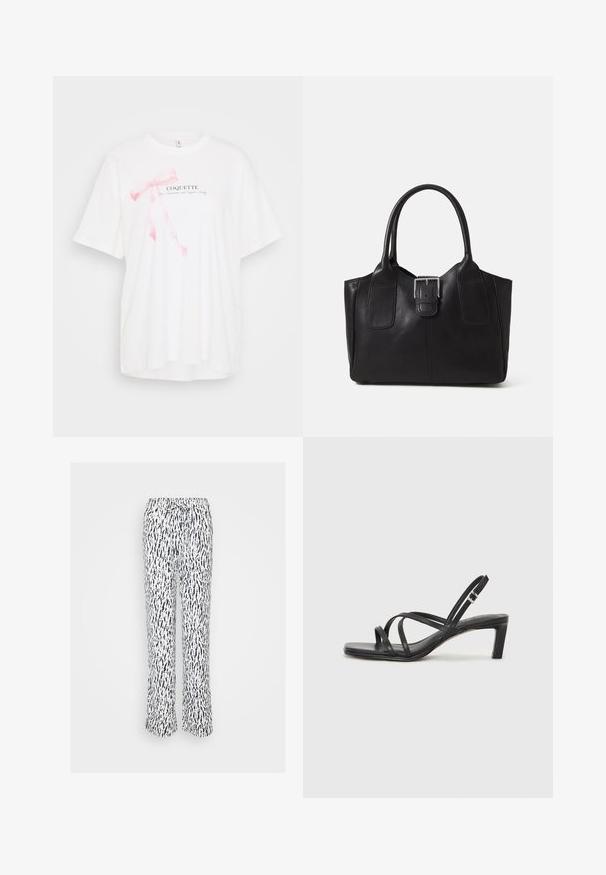 Biela tričko s krátkym rukávom s grafickým motívom ružovej stuhy a textom "COQUETTE" v čiernej farbe. Jemná tkanina s voľným strihom.; Biele nohavice s námorníckym abstraktným vzorom, s elastickým pásom a nastaviteľnou šnúrkou. Priame nohavice s voľným strihom.; Čierne sandále na vysokom podpätku so štvorcovou špičkou a nízkym blokovým podpätkom. Obsahujú viacero tenkých popruhov a nastaviteľný členkový popruh. Vyrobené z hladkej kože.; Čierna kožená taška s hladkou textúrou, štruktúrovaným tvarom, dvoma uchami a výrazným strieborným prackovým detailom na prednej strane.