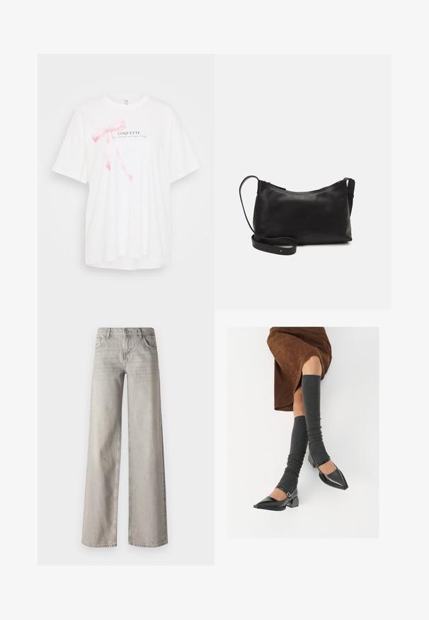 Hvit t-skjorte med korte ermer som har et rosa båndgrafikk og teksten "COQUETTE" i svart. Myk stoff med en avslappet passform.; Lys grå vide bukser laget av denim, med fem-lommers design, front knappelukking og lett falmet tekstur.; Sorte lakkpumps med spiss tå, blokkhel, og ankelstropp, kombinert med grå ribbestrikkede beinvarmere og et brunt semsket skinn skjørt.; Svart skinn skulderveske med glatt tekstur, buet form, justerbar stropp og glidelås. Minimalistisk design uten dekorasjoner.