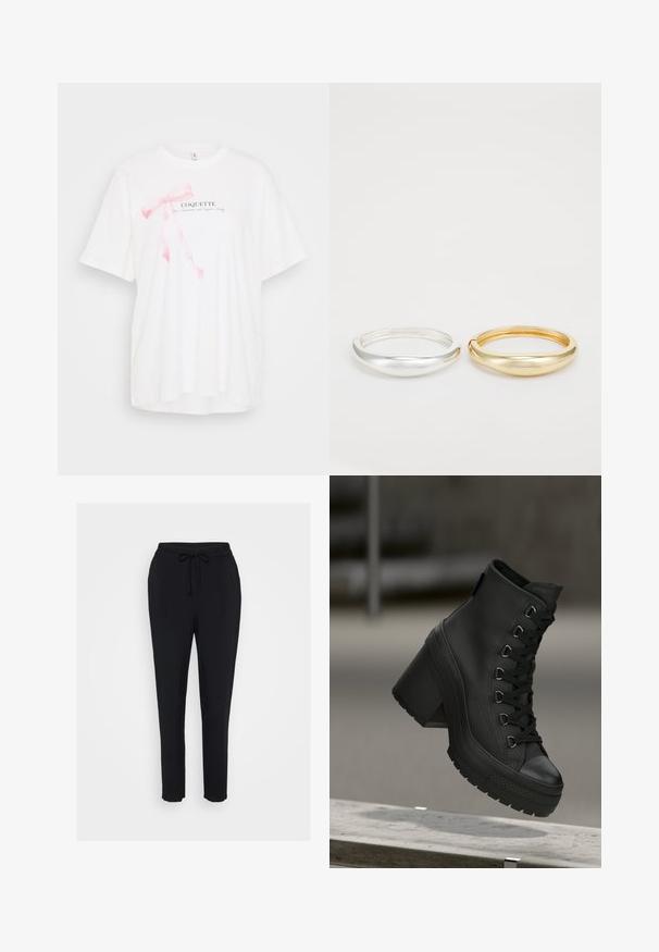 T-shirt branca de manga curta com um gráfico de fita rosa e o texto "COQUETTE" em preto. Tecido suave com um corte descontraído.; Calças de jogging pretas com cintura elástica, fecho por cordão e pernas ajustadas. Feitas de um tecido macio com uma textura suave.; Botas de plataforma pretas de cano alto com um acabamento em pele texturada, atacadores à frente e salto robusto. Apresenta uma sola de borracha com padrões de garras distintos.; Zign 2 PACK - Pulseira - gold-coloured/silver-coloured