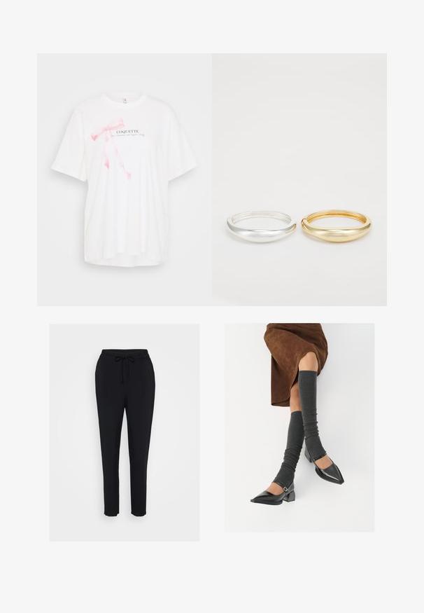 Valge lühikeste varrukatega t-särk, millel on roosa paela graafika ja must tekst "COQUETTE". Pehme kangas ja mugav lõige.; Mustad mustad püksid elastse vöökohtaga, tõmblukuga ja kitsenevate jalgadega. Valmistatud pehmest kangast, millel on sile tekstuur.; Mustad patsaline odav värviga kingad, millel on kreen ja pahkluuring, on paaritatud hallide ribakudumitega sääremiidega ja pruunist nahast seelikuga.; Zign 2 PACK - Käevõru - gold-coloured/silver-coloured