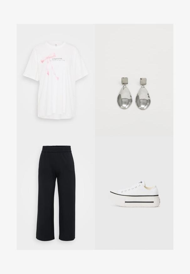 Fehér, rövid ujjú póló, rózsaszín szalag grafikával és fekete "COQUETTE" felirattal. Puha anyag, laza fazonnal.; Fekete, bő szárú nadrág, elasztikus derékkal, puha anyagból készült. Simább felületjellemzi, és laza, kényelmes illeszkedést biztosít.; Fehér vászon platform edzőcipők fekete gumitalppal, kerek orrbetéttel és fém szemgyűrűkkel, amelyek egyszerű, letisztult dizájnnal rendelkeznek.; Ezüst csepp fülbevalók négyzet alakú fülbevalóval, sima, fényes felülettel és csepp formával, amely fényt tükröz egy fényes felületen.
