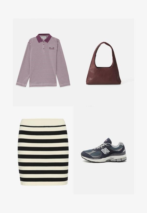 Sarkans un balts svītrains polo krekls ar garām piedurknēm, ietverot apkakli, trīs pogu aizdari un izšūtu logotipu uz krūts.; Melna un krēmkrāsas svītraina adīta svārku kleita, pieguloša forma ar ribota jostasvietu. Horizontālas svītras mainās platumā, radot vizuālu tekstūru.; New Balance tenissoles ar jūras spēka krāsas sietu un ādas augšdaļu, pelēkiem akcentiem, baltu logotipu, mīkstu zoli un teksturētām detaļām.; Burgundijas krāsas ādas rokassoma ar trīsstūra formu, atvērta augšdaļa un izsieta detaļa gar rokturi. Gluda tekstūra ar matētu apdari.