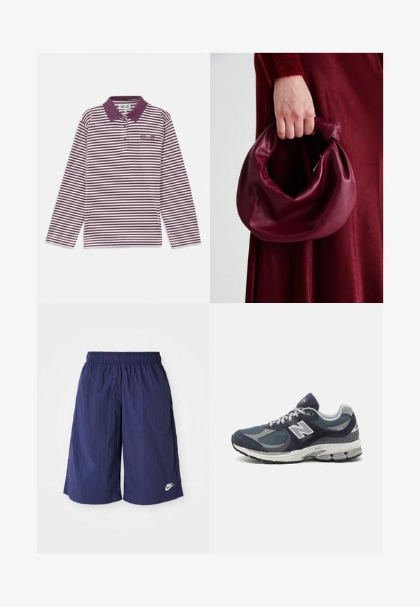 Polo majica dugih rukava u prugama boje burgundac i bijela, sa kragnom, plaketom na tri dugmeta i izvezenim logotipom na prsima.; Tamno plave Nike kratke hlače s elastičnom trakom, izrađene od lagane, glatke tkanine, s malim bijelim logom na donjoj strani.; New Balance tenisice s gornjim dijelom od plave mrežice i antilopa, sivi naglasci, bijeli logo, obloženi potplat i teksturirani detalji.; Bordo kožni ruksač s mekim, naboranim dizajnom i zaobljenim oblikom. Ručka je sigurno pričvršćena, pokazujući glatku teksturu.