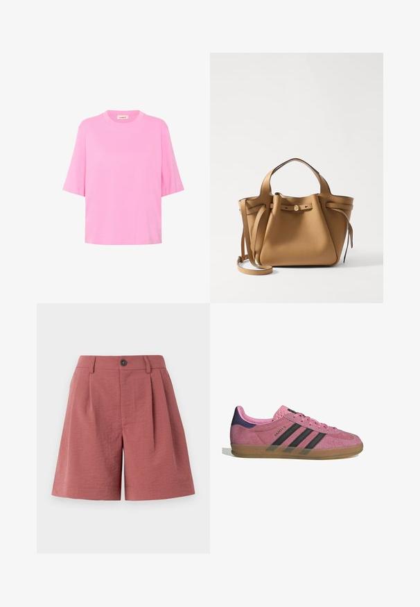 T-shirt in cotone rosa con maniche corte, collo rotondo e vestibilità rilassata. Texture liscia con un design semplice e di colore uniforme.; Pantaloni corti rossi con texture, chiusura a bottone, pieghe nella parte anteriore e taglio dritto, progettati per un abbigliamento casual.; Sneaker in suede rosa con strisce nere, suola in gomma e tallone texturizzato viola. Presenta un design con lacci e un marchio in rilievo sul lato.; Tory Burch ROMY PEBBLED SATCHEL - Borsa a mano - tiramisu