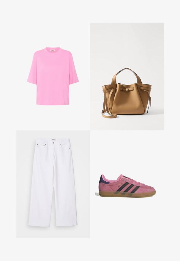 Ružičasta pamučna majica kratkih rukava, s okruglim izrezom i opuštenim krojem. Glatka tekstura s jednostavnim, jednobojnim dizajnom.; Bijele široke traperice s pet džepova, metalnim detaljima i visokim strukom, s urednim završetkom na rubu.; Roze nubuk tenisice s crnim prugama, gumeni potplat i teksturirani ljubičasti petni dio. Imaju vezivanje i utisnuti brend na strani.; Tory Burch ROMY PEBBLED SATCHEL - Ručna torba - tiramisu