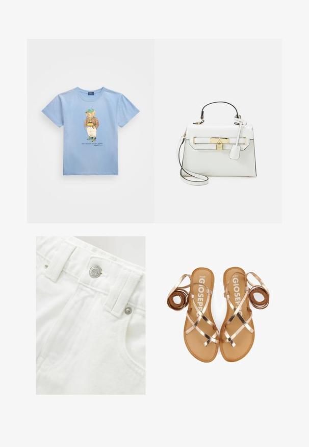 Polo Ralph Lauren POLO BEAR COTTON JERSEY T-SHIRT - Printtipaita - chambray blue; Valkoiset farkkushortsit, joissa on jämäkkä vyötärö, hopeinen napitus ja teksturoitu kangas. Omistaa etutaskut ja siistin ompelun.; Sandaalit, joissa on hihnat, metallinhohtoiset rose-kultaiset hihnat, ruskea pohja ja minimalistinen muotoilu. Sivuille on lisätty rullattuja hihnoja.; Valkoinen käsilaukku, jossa on krokotiilinaarmuja, kultaiset yksityiskohdat, yläkahva ja irrotettava olkahihna; lukossa suljettava ja minimalistiinen muotoilu.