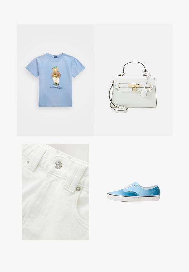 Polo Ralph Lauren POLO BEAR COTTON JERSEY T-SHIRT - Print T-shirt - chambray blue; White denim shorts with a structured waistband, silver button detail, and textured fabric. Features front pockets and neat stitching.; Vans AUTHENTIC - Trainers - blue coral gradient; White handbag with crocodile texture, gold hardware, top handle, and detachable shoulder strap; features a lock closure and a minimal design.; Silver and gold-tone watch with a mother-of-pearl face, indexed with clear crystals; includes a heart-accented bangle bracelet.