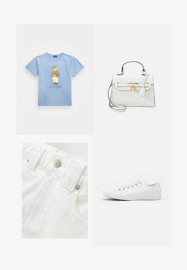 Polo Ralph Lauren POLO BEAR COTTON JERSEY T-SHIRT - Tricou cu imprimeu - chambray blue; Șorturi din denim alb cu un talie structurată, detaliu cu buton argintiu și țesătură texturată. Include buzunare frontale și cusături îngrijite.; Converse CHUCK TAYLOR ALL STAR - Sneakers low - vintage white/light gold; Geantă albă cu textură de crocodil, accesorii din aur, mânere superioare și curea de umăr detașabilă; are un sistem de închidere cu lacăt și un design minim.