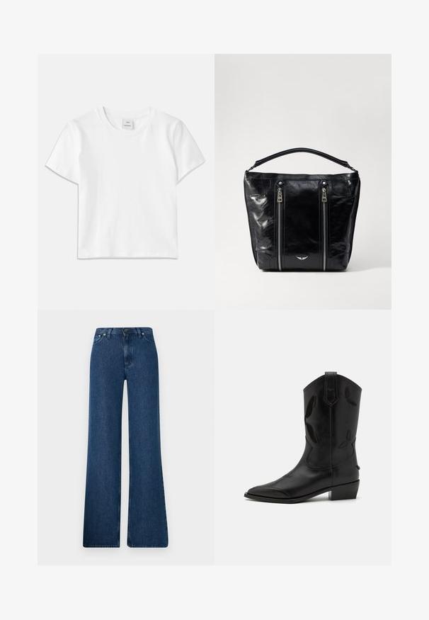 Bílá bavlněná trička s kulatým výstřihem, krátkým rukávem a rovnym lemem. Štítek označený "Won Hundred" uprostřed výstřihu.; Modré džínové zvonové kalhoty s vysokým pasem, designem se pěti kapsami a kovovým zapínáním. Hladká textura, neformální styl a minimální švy.; Černé kožené kovbojské boty s špičatou špičkou, vyšívanými akcenty a nízkým podpatkem. Disponují vertikálním šitím a bočními táhly.; Černá lakovaná kabela s dvojitými předními zipy, strukturovaným tvarem a krátkým uchopem. Na dně se nachází malé stříbrné logo.