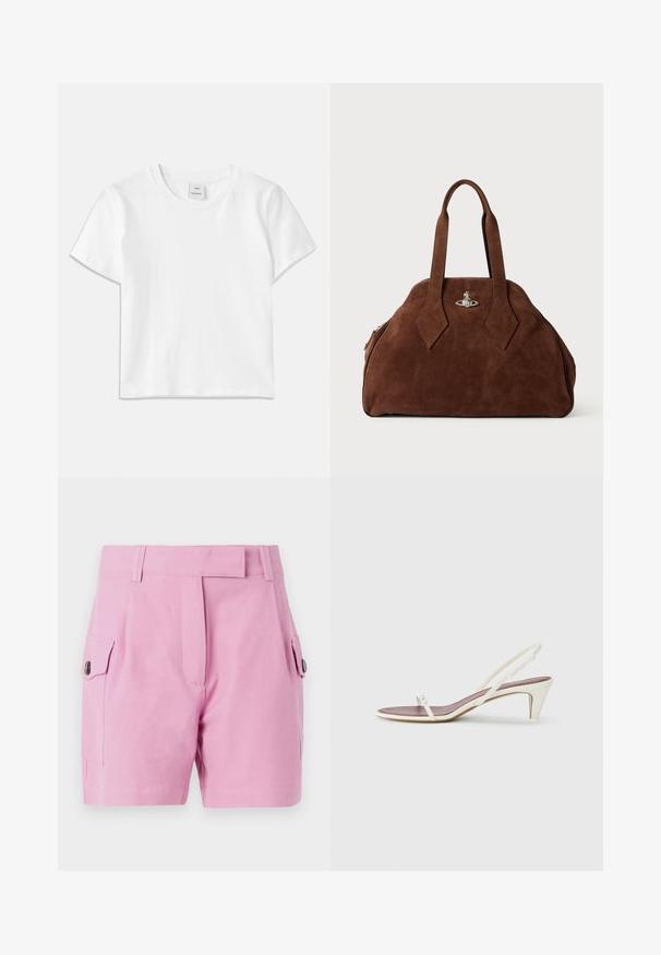 Tricou alb din bumbac cu guler rotund, mâneci scurte și tiv drept. Etichetă cu inscripția "Won Hundred" la mijlocul gulerului.; Shorts roz deschis, cu un design ajustat, față plată, buzunare laterale cu închidere cu buton și o textură de țesătură netedă.; Sandale albe cu toc mic, curele subțiri și o textură netedă din piele; prezintă o cataramă decorativă mică.; Geantă din suede maro, cu o formă structurată, un corp rotund și mânere lungi în formă de diamant. Dispune de o închidere din metal argintiu.
