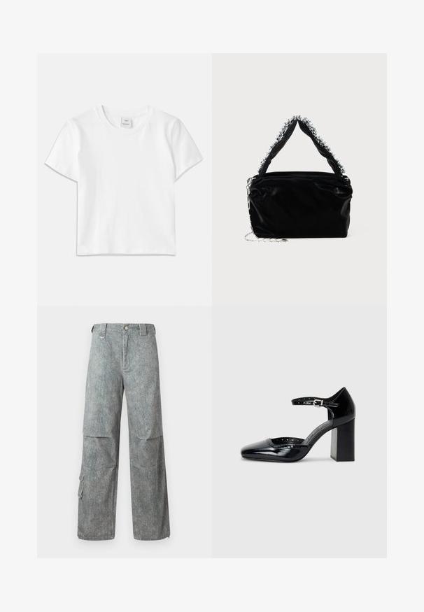 Biely bavlnený tričko s okrúhlym výstrihom, krátkymi rukávmi a rovnými lemami. Na strednej časti výstrihu je na štítku nápis "Won Hundred".; Světle modré cargo nohavice vyrobené z texturovaného denimu s volným střihem, s velkými bočními kapsami a zapínáním na knoflík v pase.; Čierne lakované dámske topánky na vysokom opätku so štvorcovou špičkou, remienkom okolo členku a masívnym opätkom. Obsahuje perforované detaily pozdĺž lemu.; Čierna kabelka z umelého kože s textúrovaným povrchom, s perlovým strieborným akcentom pozdĺž vrchnej rukoväte a reťazovým popruhom.
