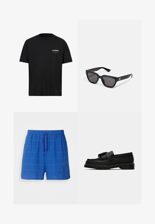 Melna kokvilnas T-kreklā ar īsām piedurknēm un apaļu apkakli. Uz kreisā krūšu apgabala ir baltā teksts "ALLSAINTS" un "LONDON".; Zili teksturēti šorti ar režģa rakstu, elastīgu jostu ar auklu un brīvu piegriezumu ērtībai.; Melnas ādas loafer kurpes ar pušķiem, dzeltena šuve apkārt zolei un bieza, rievota gumijas zole.; Melni taisnstūra saulesbrilles ar spīdīgu apdari, tumšiem stikliem un zelta aksesuāru uz tempļa, uz kura redzams logo.