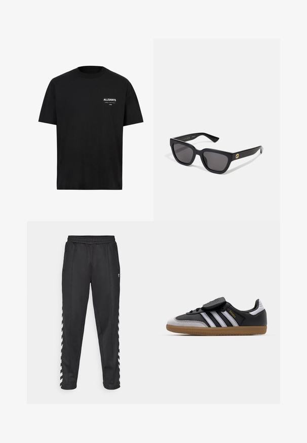 Schwarzes Baumwoll-T-Shirt mit kurzen Ärmeln und Rundhalsausschnitt. Mit weißen Aufdrucken "ALLSAINTS" und "LONDON" auf der linken Brustseite.; Schwarze Sporthose mit elastischem Bund, ausgestattet mit seitlichen Reißverschlusstaschen und weißen Zickzack-Akzenten an den Seiten. Glatte Textur.; Schwarze Leder- und graue Wildleder-Sneaker mit weißen Streifen, Gummisohle, Schnürung vorne und Klettverschluss. Mit "Samba"-Markenlogo in Gold.; Schwarze rechteckige Sonnenbrille mit glänzender Oberfläche, dunklen Gläsern und goldenen Akzenten am Bügel, die das Logo zeigen.
