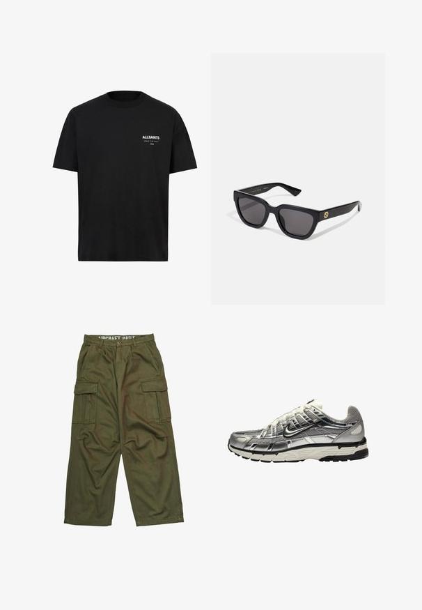 T-shirt de algodão preto com mangas curtas e decote redondo. Apresenta o texto branco "ALLSAINTS" e "LONDON" na área esquerda do peito.; Alpha Industries AIRCRAFT - Calças cargo - dark olive; Sapatilha atlética prateada e preta com parte superior em malha e sintético, design volumoso e acabamento texturizado. Apresenta um colarinho acolchoado e sola de borracha.; Óculos de sol retangulares pretos com acabamento brilhante, lentes escuras e detalhes em dourado na haste com o logótipo.