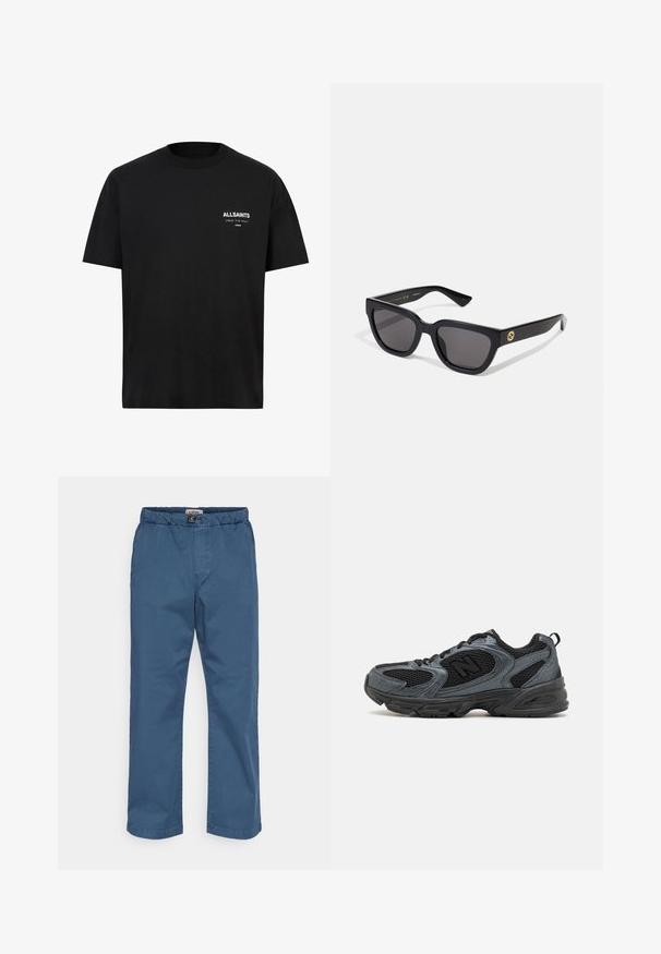 Fekete pamut póló rövid ujjakkal és kerek nyakkivágással. A bal melle területén fehér szöveg található: "ALLSAINTS" és "LONDON".; Sötétkék pamut chino nadrág. Jellemzője az elastikus derékpánt, egyenes lábszárak és sima textúra. Nincsenek látható minták vagy díszítések.; Fekete és szürke sportcipők, texturált hálós felsőrésszel, gumi talppal és támogató kialakítással. A logó és a fűzőrendszer jellemzi.; Fekete, fényes felületű, téglalap alakú napszemüveg sötét lencsékkel, arany színű fémrészekkel a szárakon, amelyeken a logo található.